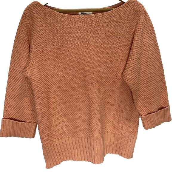 ANDREA JOVINE Sweater Waffle Knit Boat Neck Ribbed Hem Cotton Womens L Peach - Picture 1 of 10